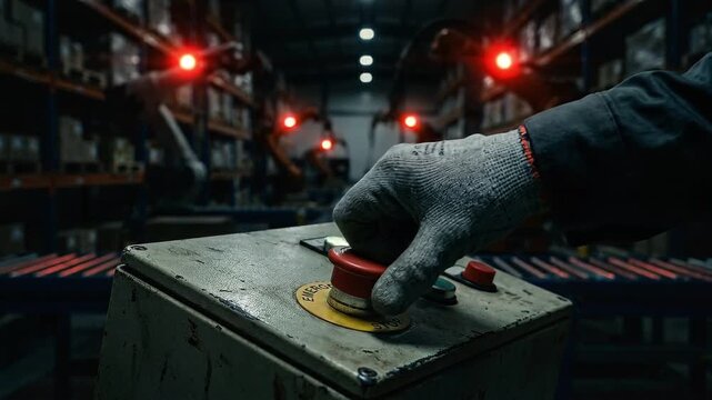 Cybersecurity Threat Landscape concept. Operator pressing button in automated warehouse with robotic arms.