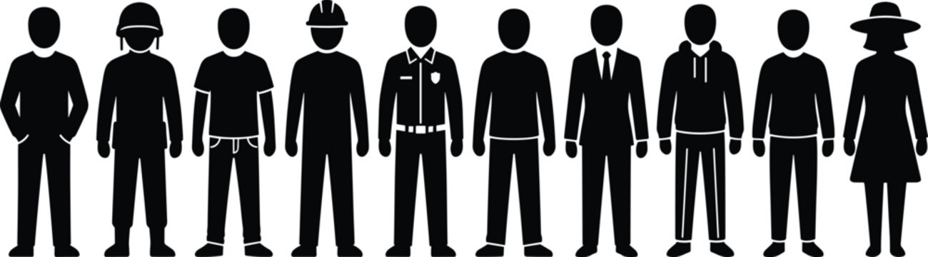 People silhouettes lineup showing different professions workers business and service roles isolated on white background vector illustration modern flat design