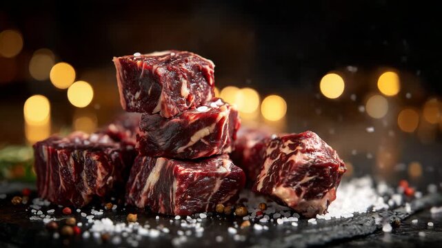 35Raw beef cubes arranged on a dark stone surface, coarse salt crystals scattered around, several cubes stacked into a rough tower while a single cube floats mid air as if just tosse
