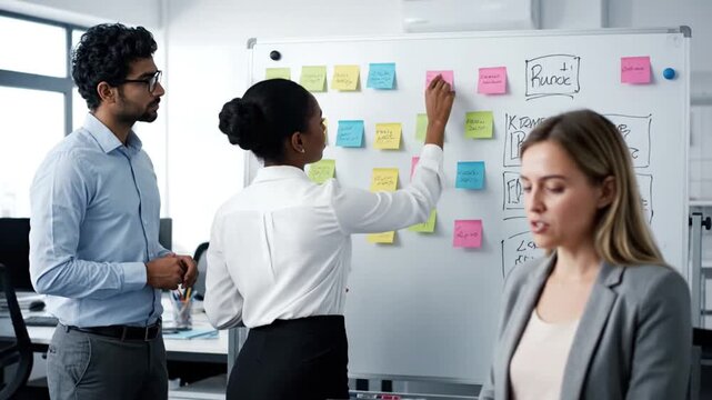 Business team collaborating on a project with sticky notes on a whiteboard in an office