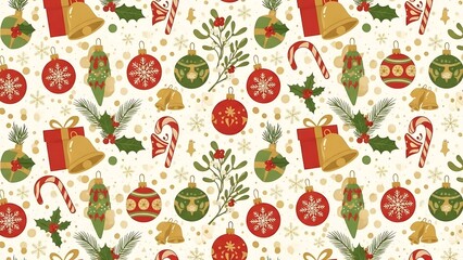 Seamless festive christmas pattern with traditional ornaments, gifts, and candy canes on a light background