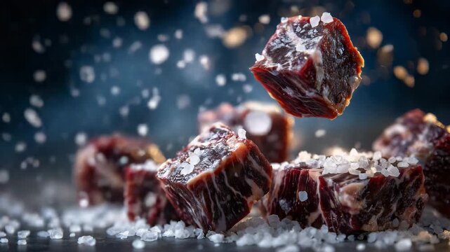41High-detail macro shot of raw beef cubes, coarse salt crystals sparkling under studio lights, cubes partially stacked and aligned, one cube levitating mid air creating movement and