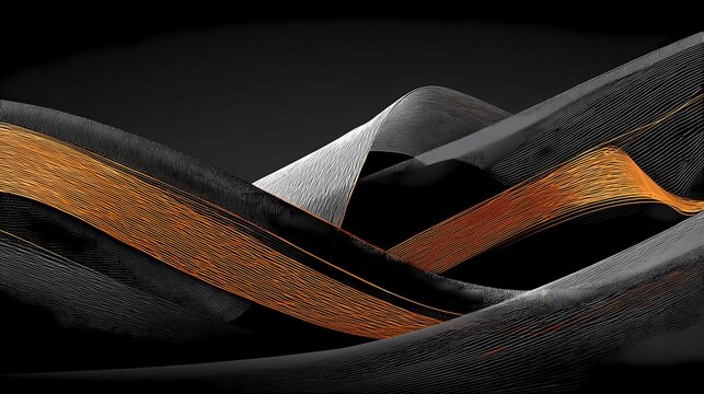 Abstract flowing ribbons in black gray and orange on dark background