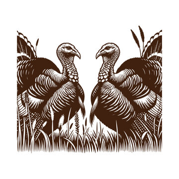 Two turkeys facing each other in a field