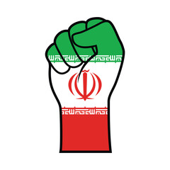 Clenched fist in Iranian Flag colors vector illustration. Iran hand raised fist icon isolated on a white background. Iran flag fist protest symbol. Template for background, banner, card
