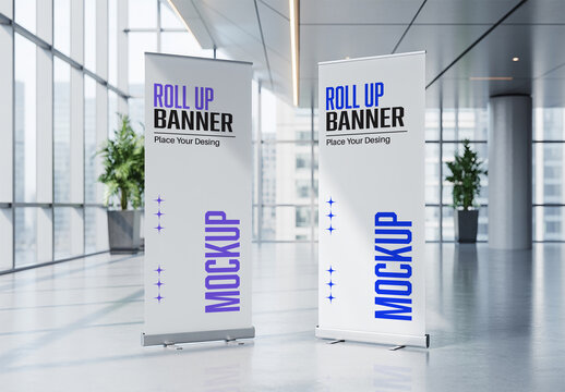 Dual Roll Up Banner Mockup in Modern Lobby