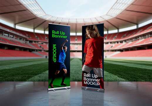 Dual Roll Up Banner Mockup in Large Empty Sports Stadium