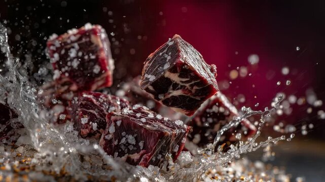 52High-speed capture of raw beef cubes, salt crystals exploding outward, stacked cubes forming the base while a single cube is suspended mid air, dramatic shadows and rich color satu