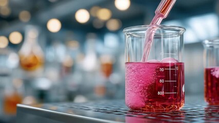 56Focused close-up of a nutrition laboratory experiment, transparent chemical being poured into a beaker of pink liquid, creating an active bubbly reaction, glassware reflections and