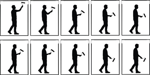 Fototapeta premium Painter worker silhouette animation sequence showing walking and painting actions with roller isolated on white background construction workflow vector illustration