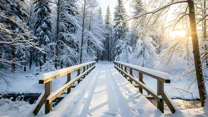 Snow-covered wooden bridge leading through a serene winter forest at sunrise
