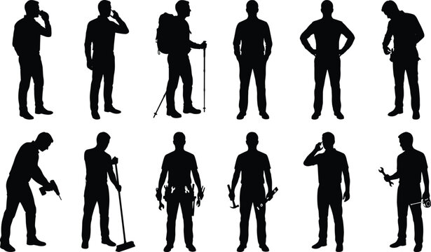 Occupational Silhouettes Set Featuring Phone Use, Hiking, Sweeping, Tool Handling, and Standing Poses for Role Illustrations
