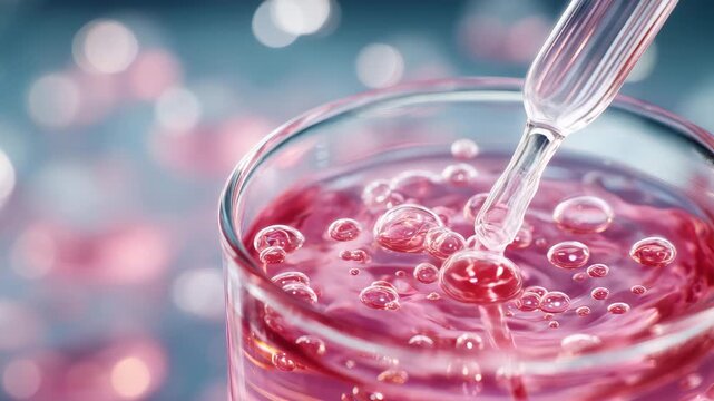 57High-detail scientific experiment in a nutrition research lab, clear chemical streaming into a pink liquid mixture, dynamic bubble formation captured mid reaction, crisp focus on b