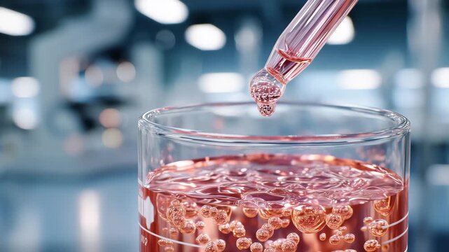 66Focused research imagery of a nutrition lab test, clear chemical drop entering a pink liquid-filled beaker, delicate bubbles forming and expanding, professional laboratory environm