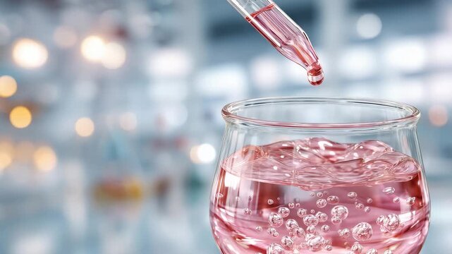 65Focused research imagery of a nutrition lab test, clear chemical drop entering a pink liquid-filled beaker, delicate bubbles forming and expanding, professional laboratory environm