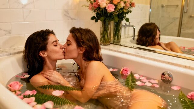 Women Kissing In Flower Filled Tub Mirror Reflection Captures Playful Flirt And Tender Caress Fern Leaves And Rose Petals Float In Warm Water Modern Bathroom Tiles Bouquet On Ledge Soft Ambient Light.