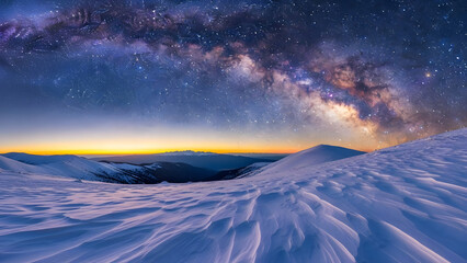Vast cosmic galaxy stretching over a serene, snow-covered mountain landscape at twilight.