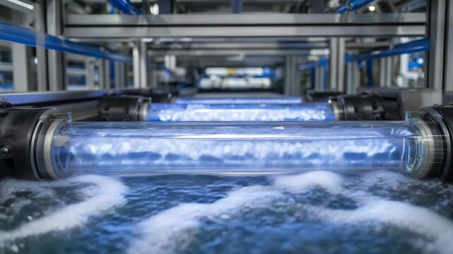 70Close-up of ultraviolet purification chamber in an industrial water treatment plant, clear liquid flowing through crystal pipes as UV light neutralizes contaminants, sleek metal fr
