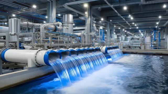 72Advanced industrial water purification system illuminated by ultraviolet light, transparent pipes carrying flowing water through UV sterilization chambers, stainless steel machiner