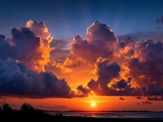 Dramatic Sunset Over the Ocean with Colorful Clouds.