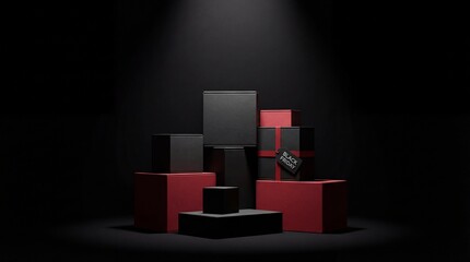 Minimalist composition of black and red gift boxes arranged on a dark studio background with dramatic lighting. Concept of luxury packaging, premium products, Black Friday, Cyber Monday, sales