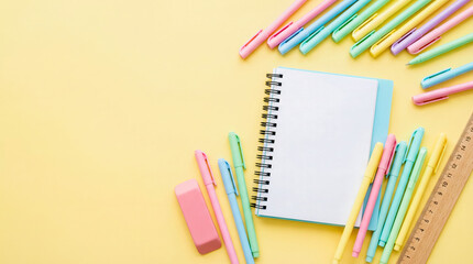 Collection of stationery items including a notebook, pens, an eraser, and a ruler scattered on a yellow background, perfect for school or office supplies