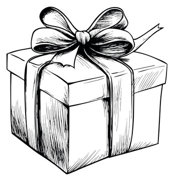 Hand drawn line art illustration of a gift box depicting a tied ribbon and bow for celebrations