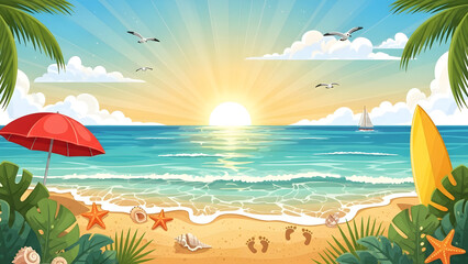 Vibrant tropical beach scene at sunrise with palm trees, a surfboard, and a red umbrella inviting relaxation.