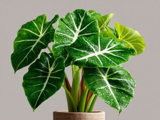 Elegant Alocasia Plant with Striking Veins in a Decorative Pot.