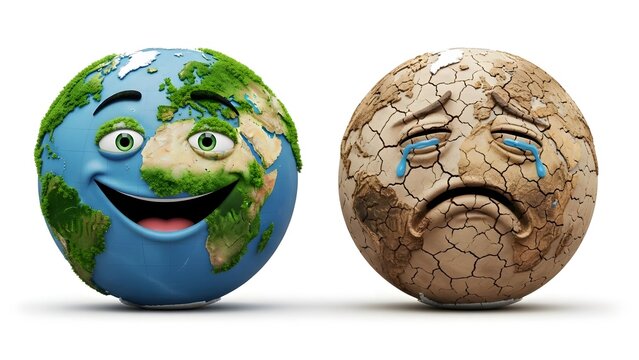 Cartoon globe with a happy face next to a cracked, sad earth ball on white background with a shallow depth of field.