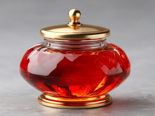 Elegant Glass Jar with Golden Lid and Rich Red Liquid.