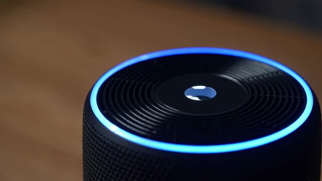 Mental health technology concept with smart speaker and glowing interface. Symbol of AI mental health support, digital assistance and voice-based wellness technology.