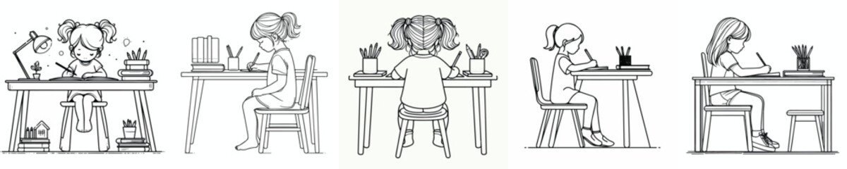 Fototapeta premium line art of a little girl studying at a desk
