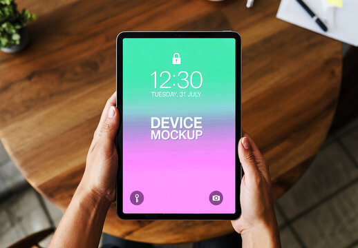 Hand Held Tablet Mockup with Lock Screen