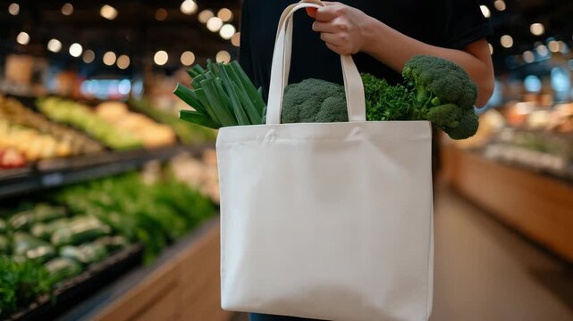 103Close-up of hands gripping fabric handles of a reusable eco bag, organic vegetables inside pressing against the canvas, supermarket aisle with produce shelves out of focus, warm cl