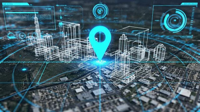 High tech aerial city map with glowing blue location pin over satellite view, holographic wireframe buildings and radial targeting grid, digital navigation overlay pinpointing urban district with