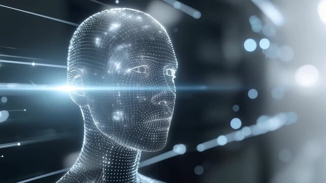 Mental health technology concept with digital human face visualization. Symbol of AI psychology, emotional intelligence, cognitive computing and future mental healthcare innovation.