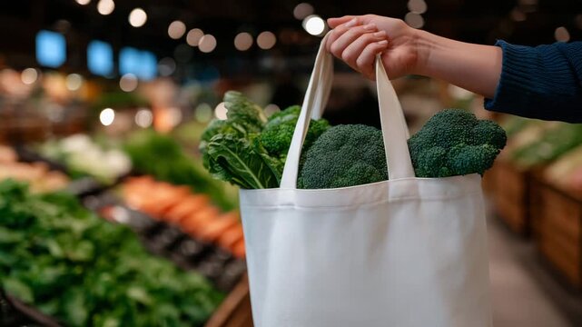 106Lifestyle composition of hands lifting a reusable eco shopping bag in a grocery aisle, vibrant vegetables inside, clean organized shelves in background, sustainable living and ever