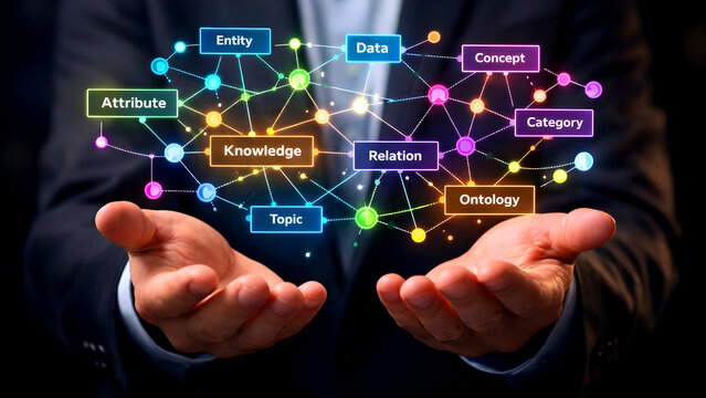 "Semantic networks and knowledge graphs support knowledge and data management, illustrated by a businessperson holding one."