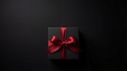 Black Friday concept. Sale of goods at reduced prices. Eco-friendly craft paper gift box with red bow on black silk fabric background. Gifts for men. Flat lay, copy space, blank, top view, mock up