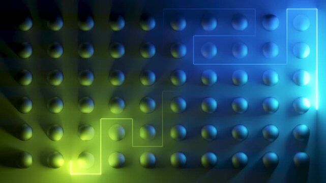 Looping animation of neon lines flowing through a geometric maze. 3d rendering motion.
