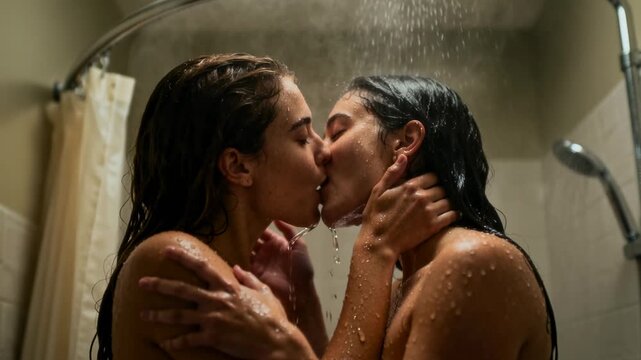 Two Women Kissing In Shower, Soft CloseUp, Water Droplets Falling, Hands Cradling Face, Damp Hair, Intimate Morning Embrace Between Partners, Warm Lighting, Sensual Chemistry, Valentines Mood.