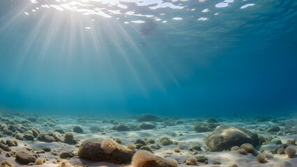 Sunlight streams through clear blue ocean water onto a rocky seabed.