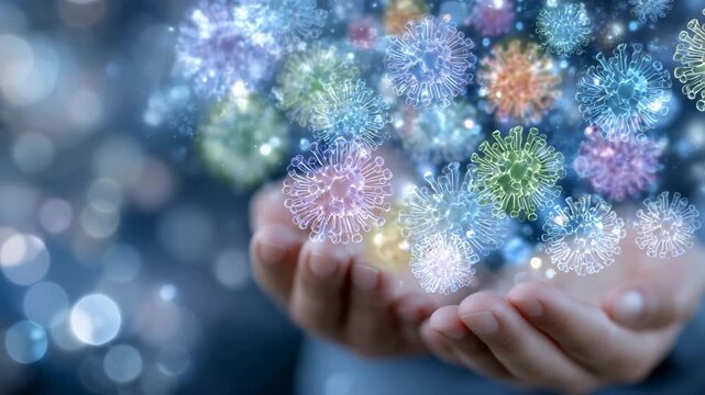 119Open palms with abstract virus-shaped spheres resting gently on skin, saturated colors and subtle reflections, macro close-up view, soft-focus environment, luminous bokeh circles f