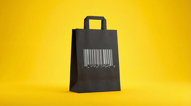 Minimalist black shopping bag with barcode design on a bright yellow background. Concept of retail, e-commerce, sales, Black Friday, Cyber Monday, consumerism, digital shopping, and modern marketing - Powered by Adobe