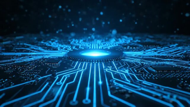 Abstract blue circuit board with a glowing central processor and digital data flow.