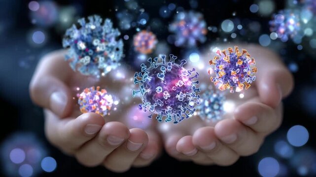 120Open palms with abstract virus-shaped spheres resting gently on skin, saturated colors and subtle reflections, macro close-up view, soft-focus environment, luminous bokeh circles f