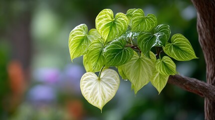 Heart-shaped leaf stands out among vibrant green foliage.