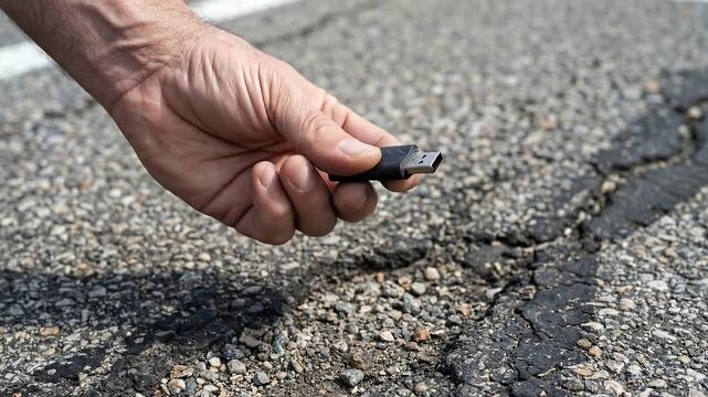 Cybersecurity Threat Landscape concept. Hand repairing cracked asphalt surface with a tool.
