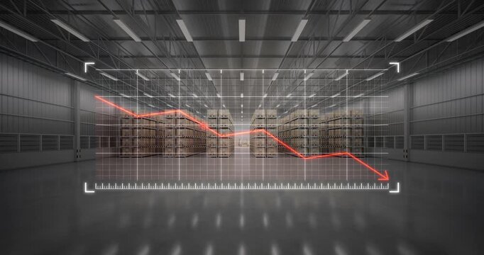 Warehouse interior with concrete floors and industrial shelving, overlaid with descending red line graph. Represents economic downturn, reduced demand and supply chain slowdown.